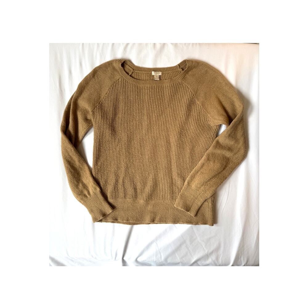 J.Crew Camel Tan Brown Waffle Knit Merino Wool Sweater, Large, Raglan Sleeves